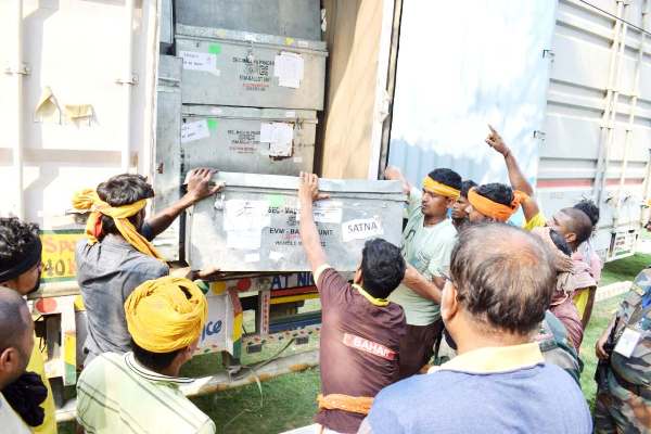 EVM Machines are being unloaded at Umakanta Academy School in Agartala on April 2nd  ahead of TTAADC elections.