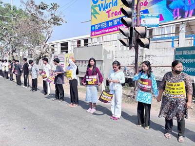 TSF creates human chain in Agartala on February 14 demanding Roman script for Kokborok.