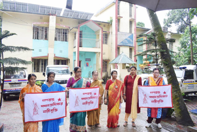Members of the All-India Democratic Women Association (AIDWA) stage a protest in East Agartala Women police station  on June 9 in support of their demands.