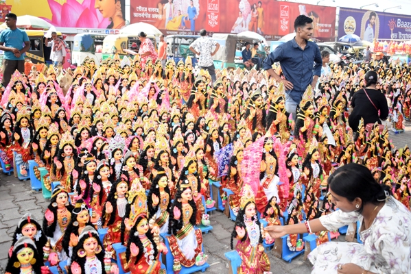 Clay artisans bring idols of Goddess Laxmi for sale ahead of Kojagori Laxmi Puja in Agartala city markets on October 23.