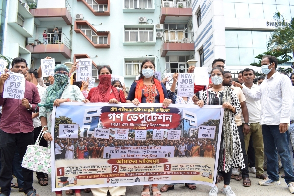 TET I and TET II aspirants staged a protest at TRBT office in Agartala on July 6 demanding their job offers.