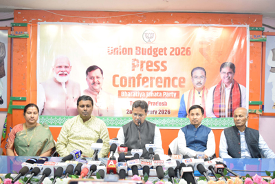 Chief Minister Dr Manik Saha addressed a press conference on Union Budget 2026 at BJP headquarters in Agartala on February 2.