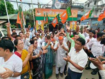 BJP party workers celebrated the massive victory of NDA in Village Committee elections in front of party headquarters at Agartala on October 6.