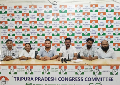 Tripura Pradesh Youth Congress leaders address a press conference at Congress Bhavan in Agartala on September 26.