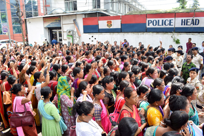 Families of SPO organised a mass deputation in front of Police Headquarters in Agartala on July 10 seeking welfare measures for SPO jawans.