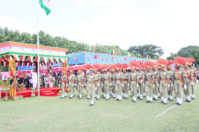 Security forces take part in the 80th Independence Day parade at Assam Rifles ground in Agartala on August 15 during the celebration of Independence Day main parade in Agartala.