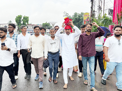 Bardowali Mandal of BJP, Agartala and its president Shyamal Deb carried the holy Mangal Kalash towards a Lord Shiv temple as a part of the 650th birth anniversary of Sant Ravidas on August 6.