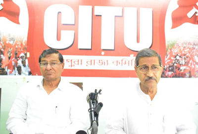 CITU leaders address a press conference in Agartala on June 6.