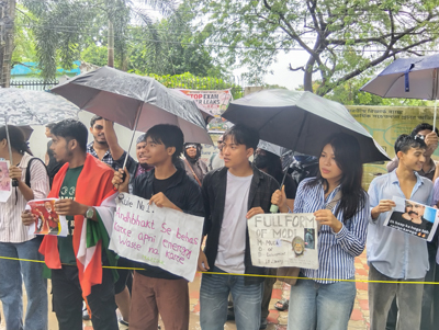 Students stage a protest in support of CJP at Agartala on July 23.