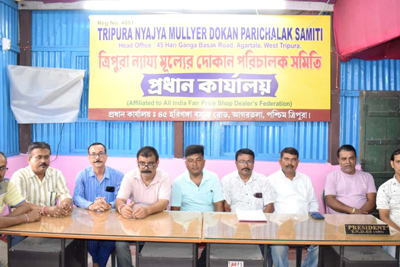 Ration shop dealers address a press conference in Agartala on June 2. 