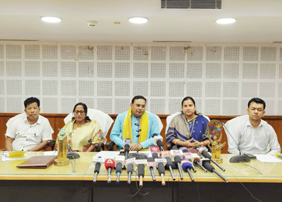 Tripura Higher Education and Panchayat Minister Kishor Barman address a press conference at the Civil Secretariat in Agartala on June 6.