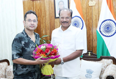 Tipra Motha delegation led by supremo Pradyot Kishore Debbarma meets Governor of Tripura, Indrasena Reddy Nallu at Lok Bhavan in Agartala on April 18 for formation of new administration of Autonomous District Council (ADC) a day after the party registered a massive win in ADC polls.