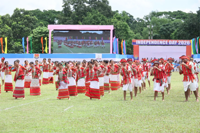 School children take part in the 80th Independence Day programme at Assam Rifles ground on August 15 during the celebration of Independence Day main parade in Agartala.