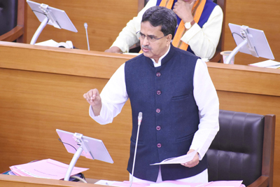 Chief Minister Dr Manik Saha addresses the House on the third day of the Budget session of Tripura Legislative Assembly on March 17.