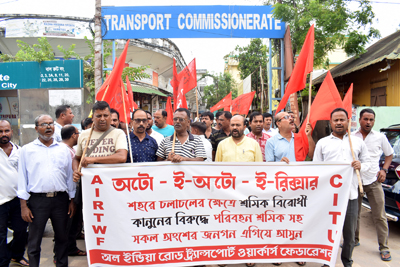 AITTWF, a CITU affiliate body meets in a deputation at the Transport office seeking withdrawal of ban on e-rickshaws in Agartala on August 24.
