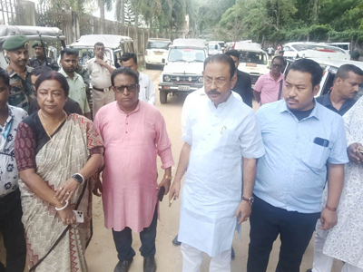 BJP state president Rajib Bhattacharjee meets displaced BJP workers due to post-poll violence at Shaheed Bhagat Singh Youth hostel in Agartala on April 20.