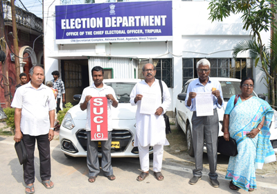 SUCI members stage a protest in front of the Election Department in Agartala on September 30. 