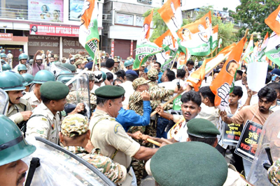 Water cannons were used to disperse the agitators of Tripura Pradesh Youth Congress protesting against paper leaks at Agartala on June 15.