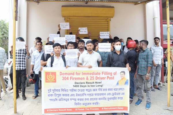 Fire service aspirants organised a protest in front of Fire Service headquarters in Agartala on March 16.