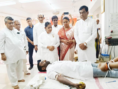 Mayor of Agartala Municipal Corporation (AMC) Dipak Majumder attends blood donation camp organised by Prajapita Brahmakumaris at Ramnagar road no 5 in Agartala on September 27.