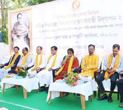 Agartala Municipal Corporation (AMC) Mayor Dipak Majumder pays floral tribute to Iswar Chandra Vidyasagar at Drop Gate area of Agartala on September 26.
