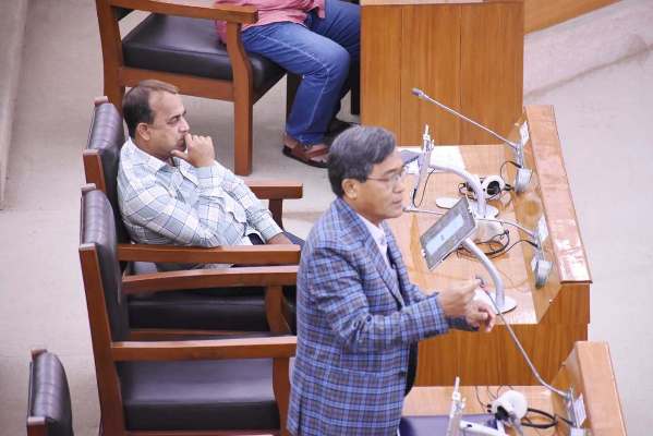 Opposition leader Jitendra Chaudhury participated in a discussion at the ongoing budget session of Tripura Assembly on March 16 .