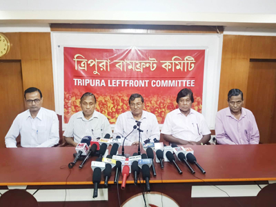 Tripura Left Front leaders addressed a press conference at CPI(M) state headquarters in Agartala on April 14.