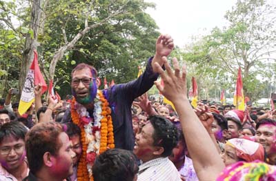 Tipra Motha supporters celebrate their massive victory outside a counting centre in in Teliamura SDM office in Khowai district on April 17.