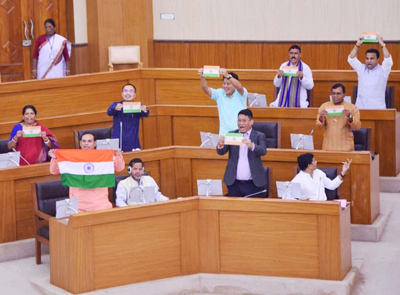 The Treasury bench MLAs staged a protest against CPIM legislators during the first day of Monsoon session of Tripura Assembly on August 27.