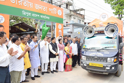 Chief Minister Dr Manik Saha flagged off campaigning vans for TTAADC elections from BJP state headquarters in Agartala on April 1st.