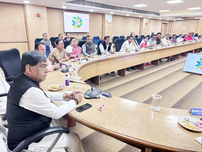 Mayor of Agartala Municipal Corporation (AMC) Dipak Majumder chairs a AMC council meeting at AMC conference hall in Agartala on January 29.