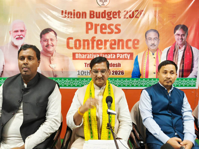 Union Minister of state,  Tokhan Sahu addresses media at BJP state headquarters in Agartala on February 10.