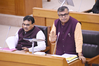 Power Minister Ratan Lal Nath addresses the state assembly during the budget session on March 20.