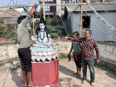Idol of Mahadev being cleaned ahead of Shib Chaturdashi festival on February 14.