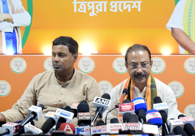 Former BJP state president and Rajya Sabha MP Rajib Bhattacharjee addressed a press conference at BJP state headquarters in Agartala on September 1.