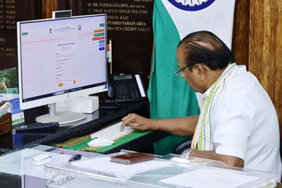 Governor Indrasena Reddy Nallu takes part in census operations through self-enumeration at Lok Bhavan in Agartala on July 17.
