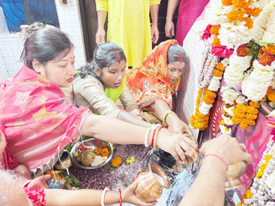 Devotees offer prayers to Lord Shiva to mark the second day of Shiva Chaturdashi at Battala Shiva Temple in Agartala on February 16.