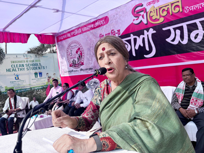 CPIM leader Brinda Karat addresses a public meeting of GMP at Agartala on January 29.