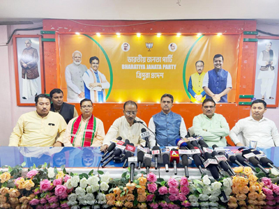 BJP state president Rajib Bhattacharjee along with Chief Minister Dr Manik Saha and other BJP leaders announce party candidates for ADC elections during a press meet at party headquarters in Agartala on March 24.