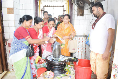 Devotees participate in worship of lord Shiva on the second Monday of Shravana month at a temple in Agartala on July 27.