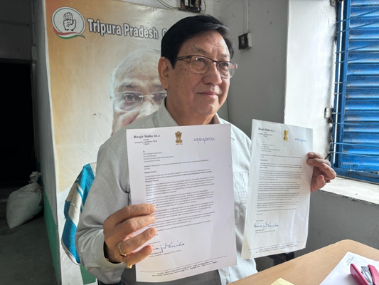 Congress MLA Birajit Sinha submits a letter to the Union Broadcasting Minister seeking restoration of services at the local AIR office in Kailashahar on May 27.
