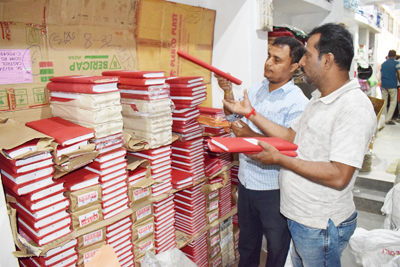 Traditional ledger books being sold ahead of Bengali New Year in a shop at Agartala on April 10.