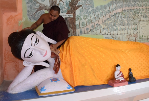 The idol of Lord Buddha is being cleaned in Agartala on April 30 ahead of Buddha Purnima on May 1.