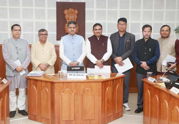 Chief Minister Dr Manik Saha and his cabinet colleagues approaching the Tripura Assembly house after the pre-budget cabinet meeting on March 16.