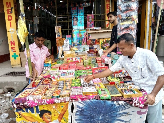 Different types of fire crackers on display at Agartala on October 24 markets ahead of Laxmi Puja .
