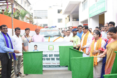 Agartala Municipal Corporation (AMC) Mayor Dipak Majumder flags off new vehicles for the task force staff of Agartala Municipal Corporation on October 1.