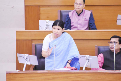 Minister Santana Chakma replying to opposition quarries in the Assembly on March 19.