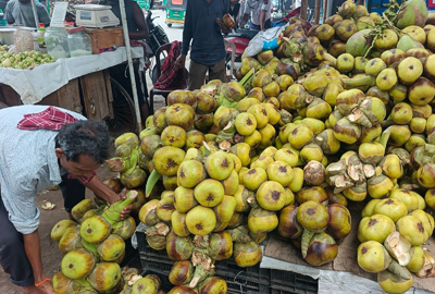 Amidst scorching heat, people enjoying palm fruits from roadside stalls in Agartala on May 23.