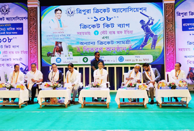 Chief Minister Dr. Manik Saha distributes cricket kits at Rabindra Satabarshiki Bhavan (R.S. Bhavan) in Agartala on June 2. 