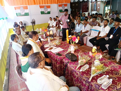 CWC member and senior Congress MLA Sudip Roy Barman chairs a conference of party workers of Badharghat Block Congress in Agartala on September 27.